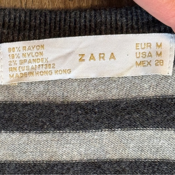Zara Dress Sweater Silver/Gray Stripe Plunging Neckline Stretch Soft Midi Size M - Picture 7 of 12